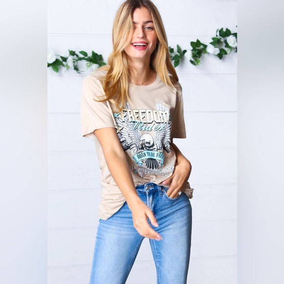 OATMEAL COTTON FREEDOM RIDER GRAPHIC TEE SIZE SMALL NWT - Picture 2 of 4